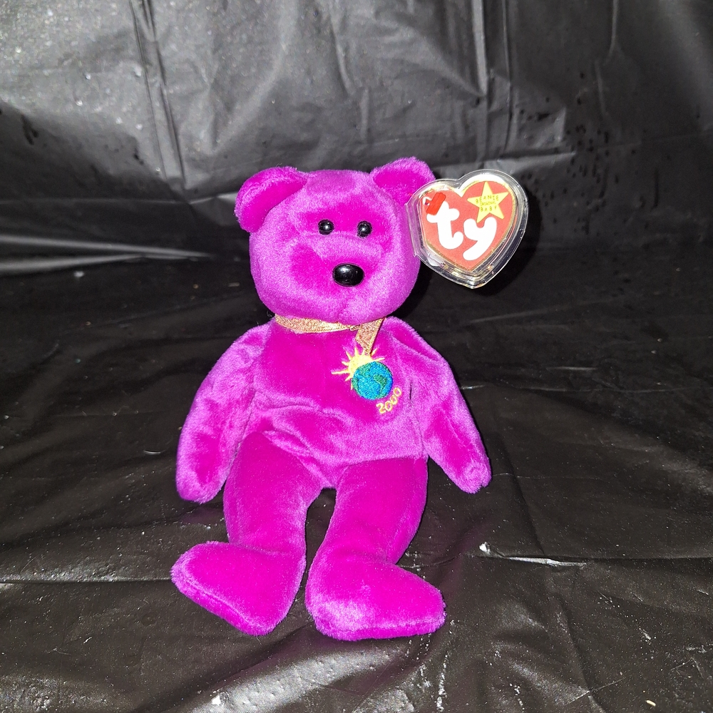 Ty Purple Plush Millennium Bear with Embroidered Globe